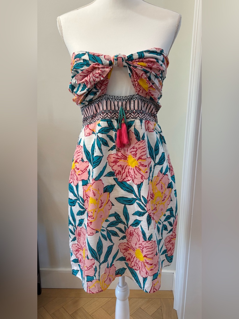 Bell by Alicia Bell Sundress, Strapless, Floral Silk Print, Size L, Resortwear